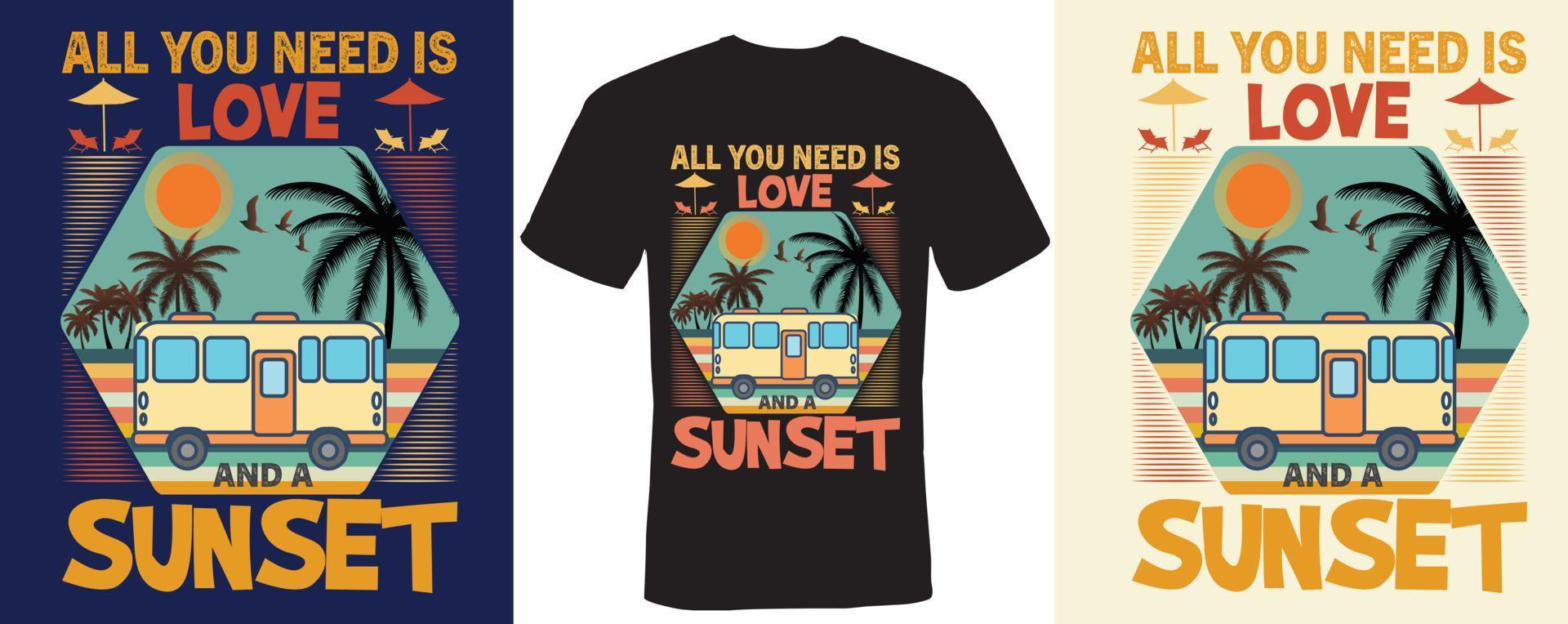 alles wat je nodig hebt is liefde en een T-shirtontwerp voor de zomer bij zonsondergang vector