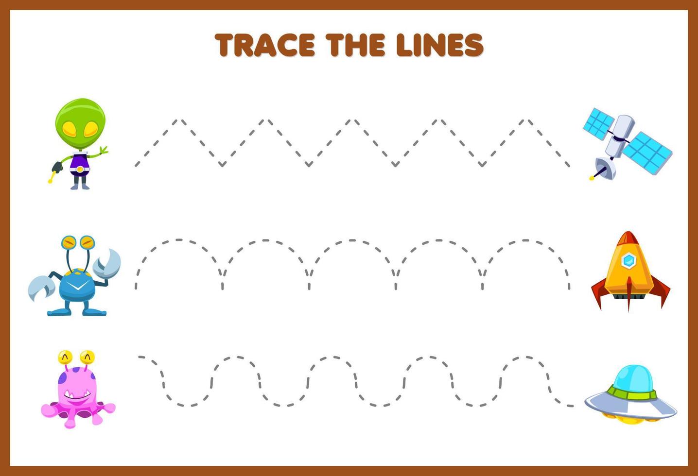 onderwijs spel voor kinderen handschrift praktijk traceren de lijnen bewegen schattig cartoon zonnestelsel alien satelliet raket ufo vector