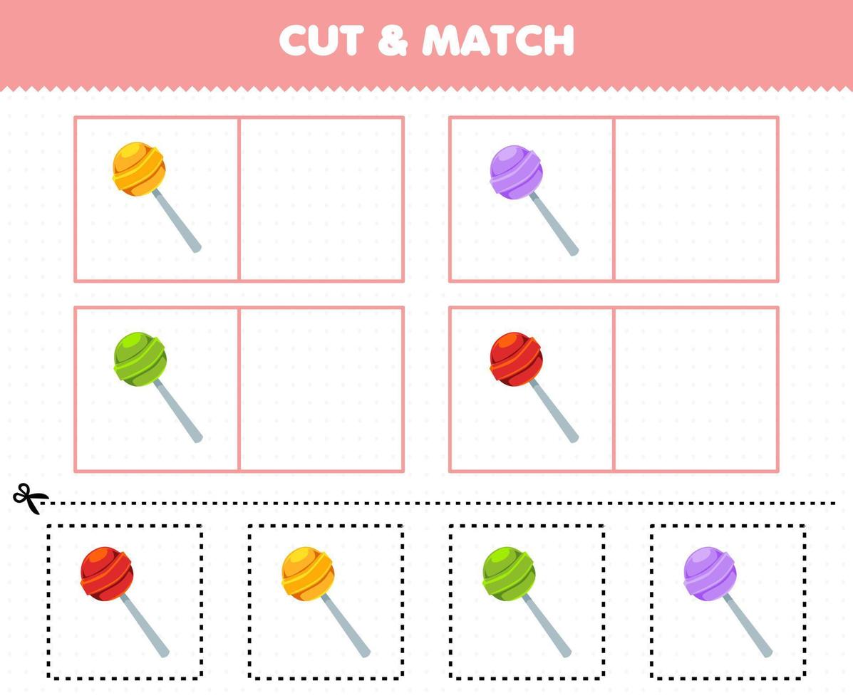 educatief spel voor kinderen knip en match dezelfde afbeelding van het afdrukbare werkblad van cartoonvoedselsnoep vector