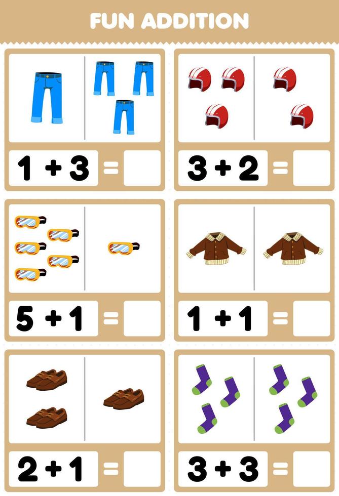 educatief spel voor kinderen leuk optellen door te tellen en op te tellen cartoon draagbare kleding jean roer bril jas schoenen sokken foto's werkblad vector