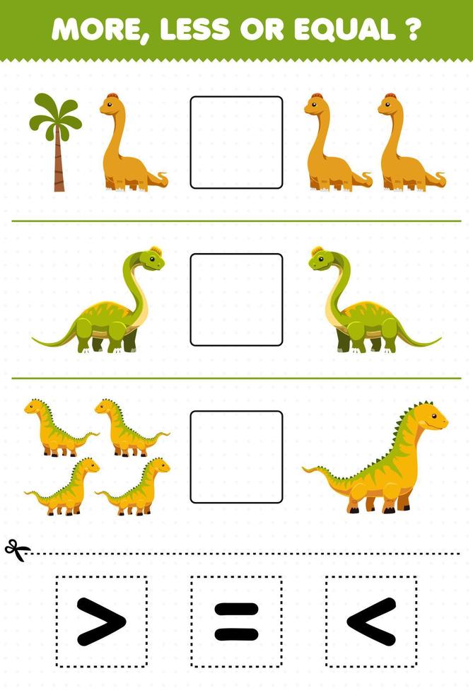 educatief spel voor kinderen min of meer gelijk tel de hoeveelheid cartoon prehistorische lange nek dinosaurus en knip en lijm knip het juiste teken vector