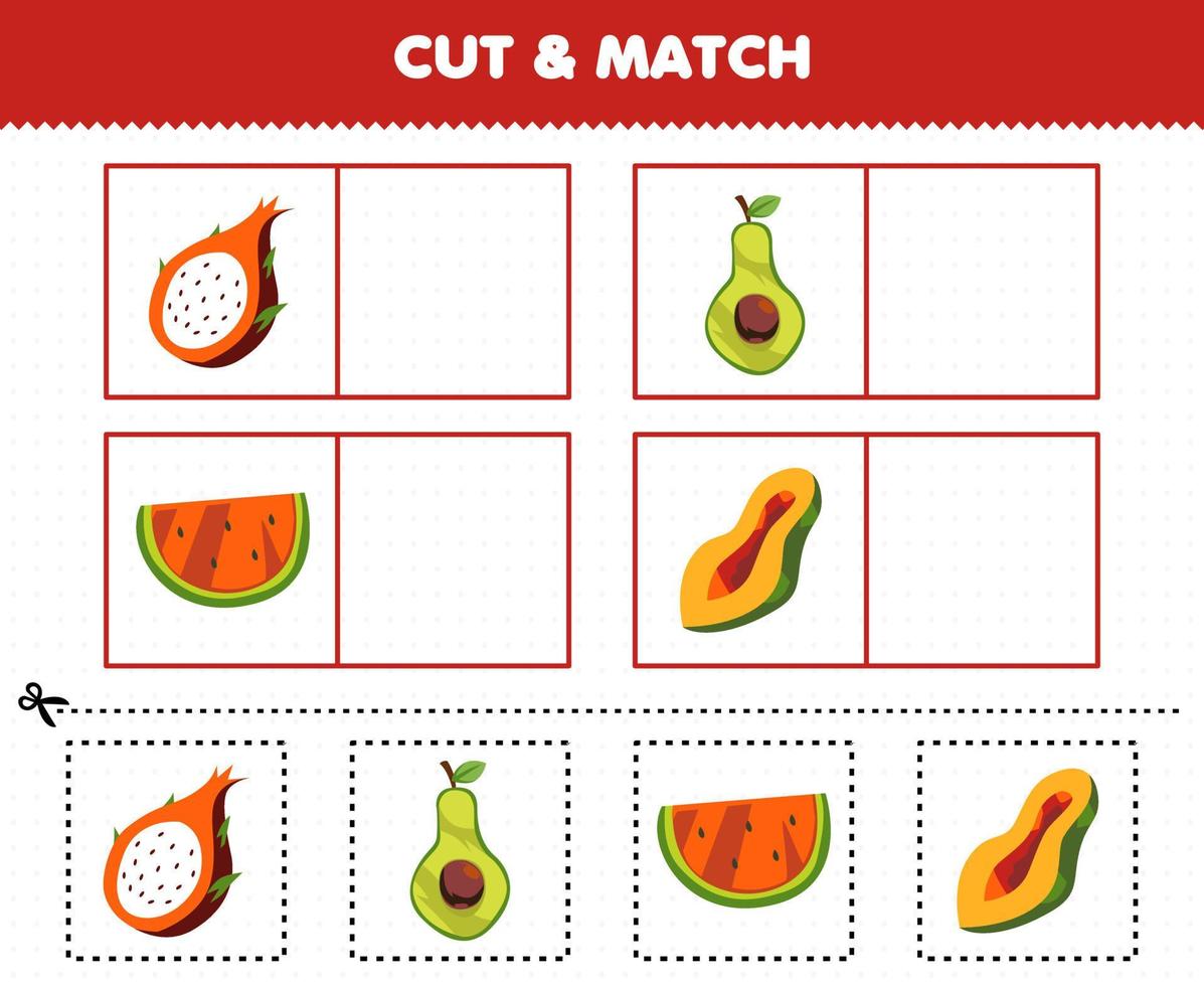 educatief spel voor kinderen knip en match dezelfde foto van cartoon plakje drakenfruit avocado watermeloen papaya afdrukbaar werkblad vector