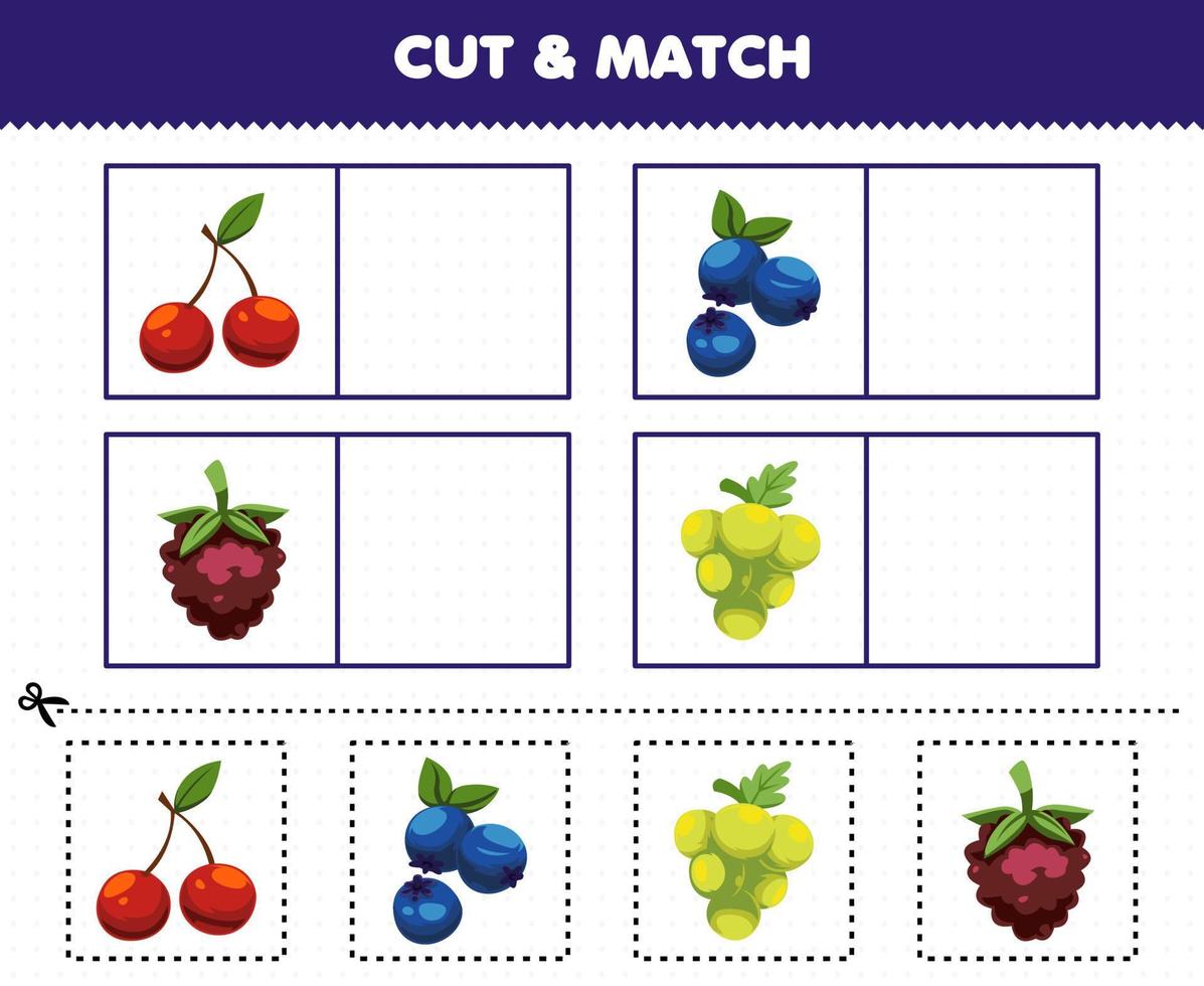 educatief spel voor kinderen knip en match dezelfde afbeelding van cartoon fruit kers bosbes framboos druif afdrukbaar werkblad vector