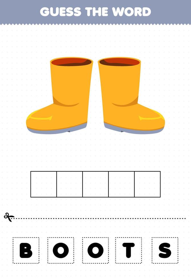 educatief spel voor kinderen raad het woord letters oefenen cartoon kleding laarzen vector