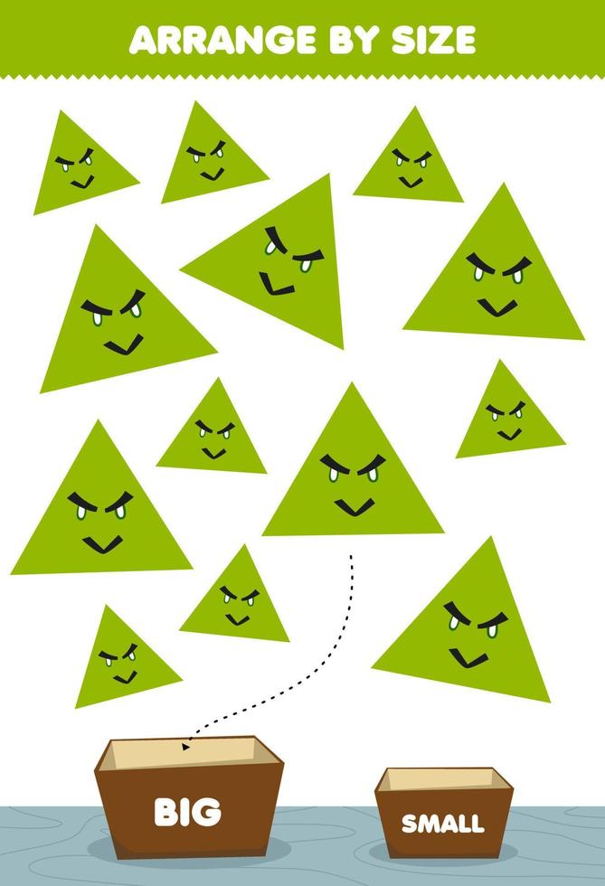 educatief spel voor kinderen rangschikken op maat groot of klein zet het in de doos leuke cartoon geometrische vormen driehoek foto's vector