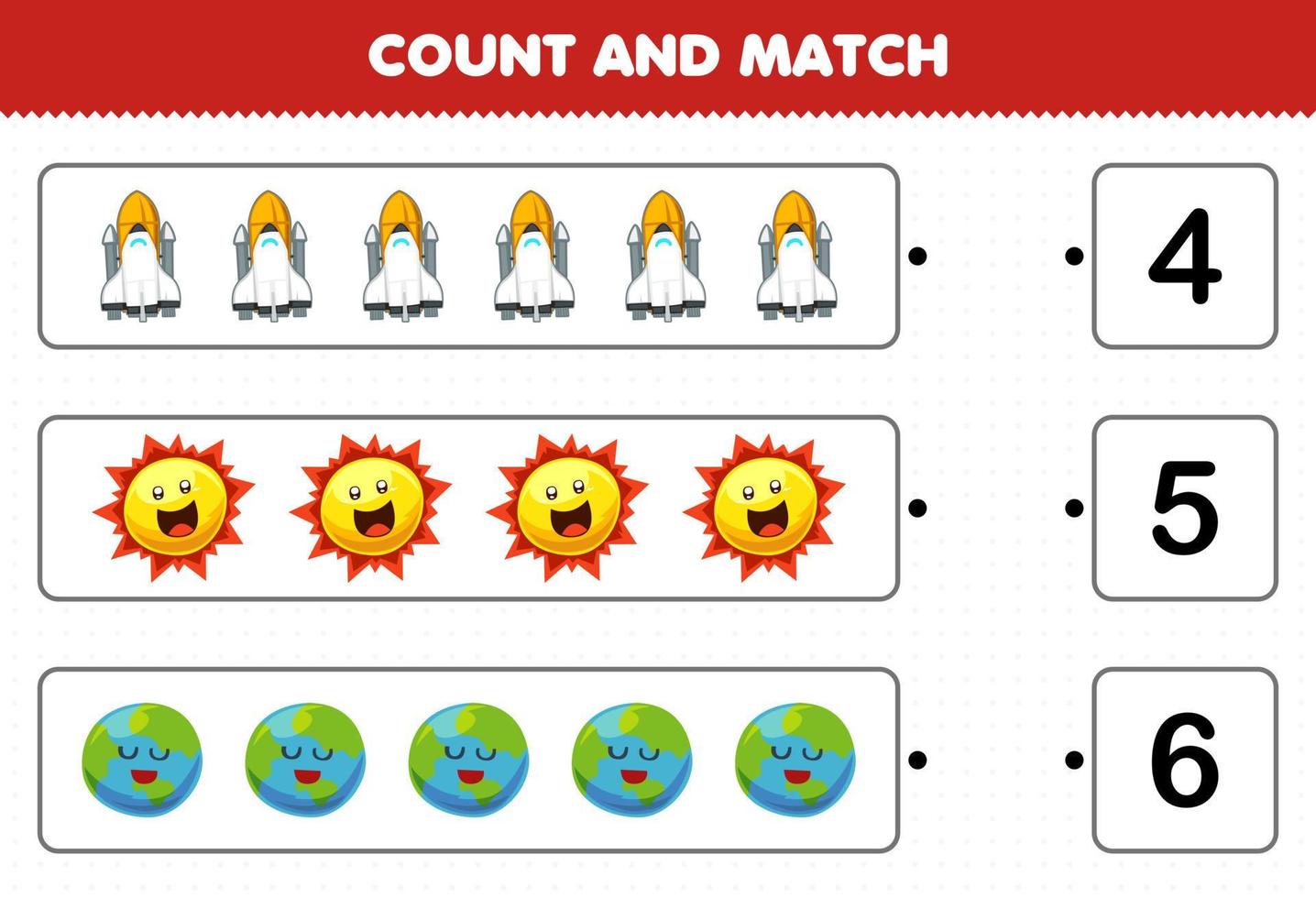 educatief spel voor kinderen tellen en matchen tel het aantal schattige cartoon zonnestelsel ruimteschip zon aarde planeet en match met de juiste nummers afdrukbaar werkblad vector
