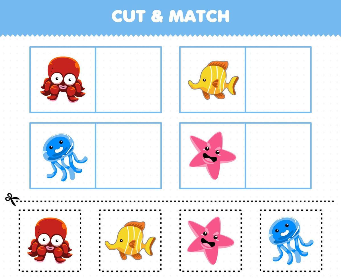 educatief spel voor kinderen knippen en matchen dezelfde foto van schattige cartoon onderwater dier octopus vis kwallen zeester afdrukbaar werkblad vector