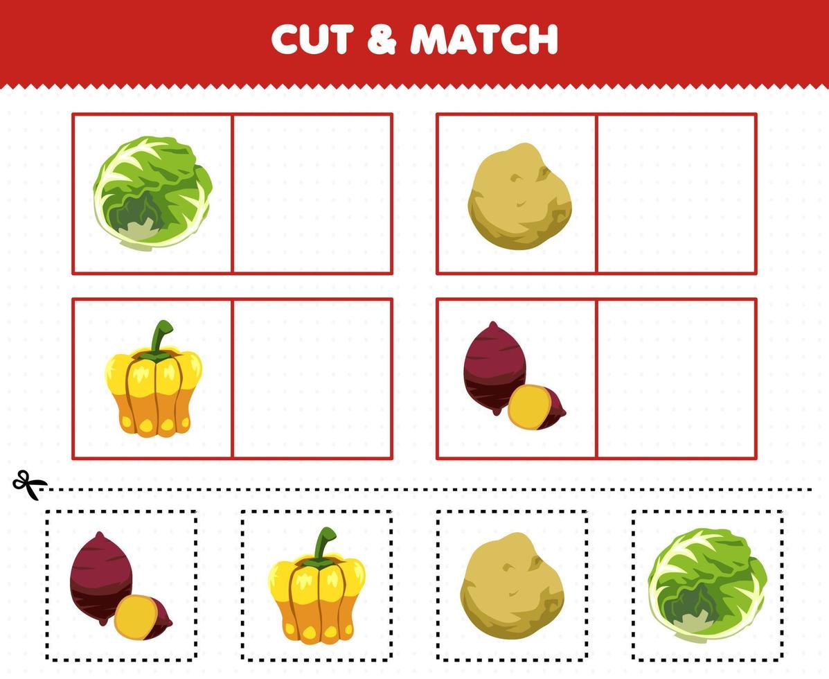 educatief spel voor kinderen knip en match dezelfde afbeelding van cartoon groenten kool aardappel paprika yam afdrukbaar werkblad vector