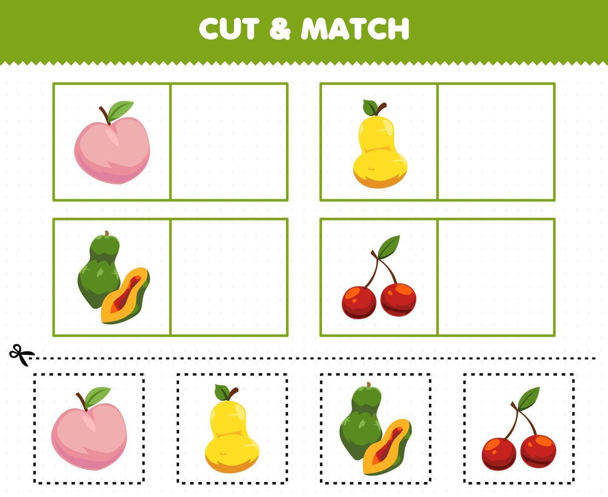 educatief spel voor kinderen knip en match dezelfde afbeelding van cartoon fruit perzik peer papaya kers afdrukbaar werkblad vector