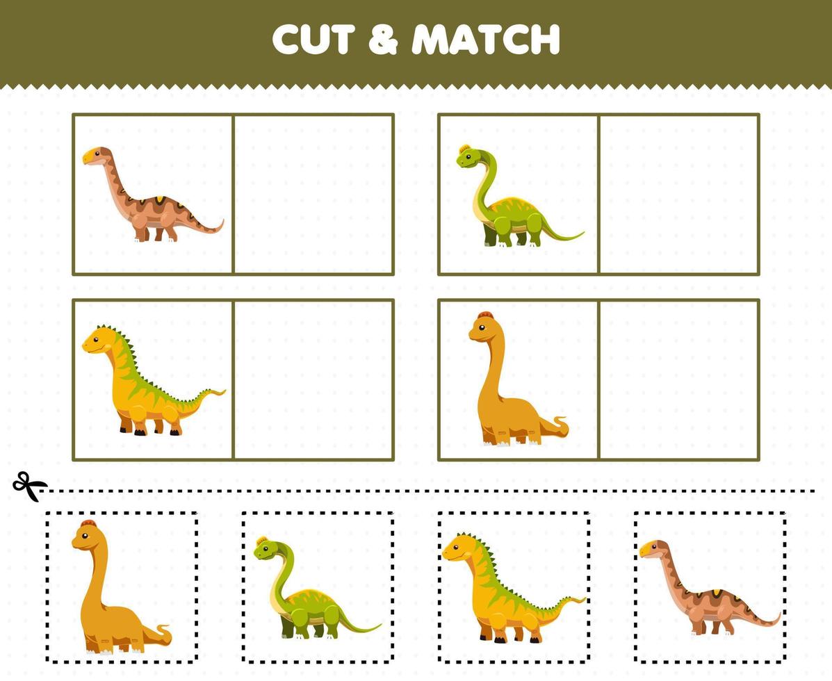 educatief spel voor kinderen snijd en match dezelfde foto van schattige cartoon prehistorische lange nek dinosaurus vector