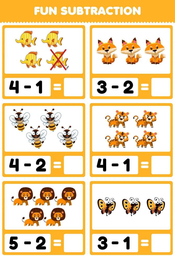 educatief spel voor kinderen leuk aftrekken door het tellen en elimineren van schattige cartoon gele dierenfoto's vector