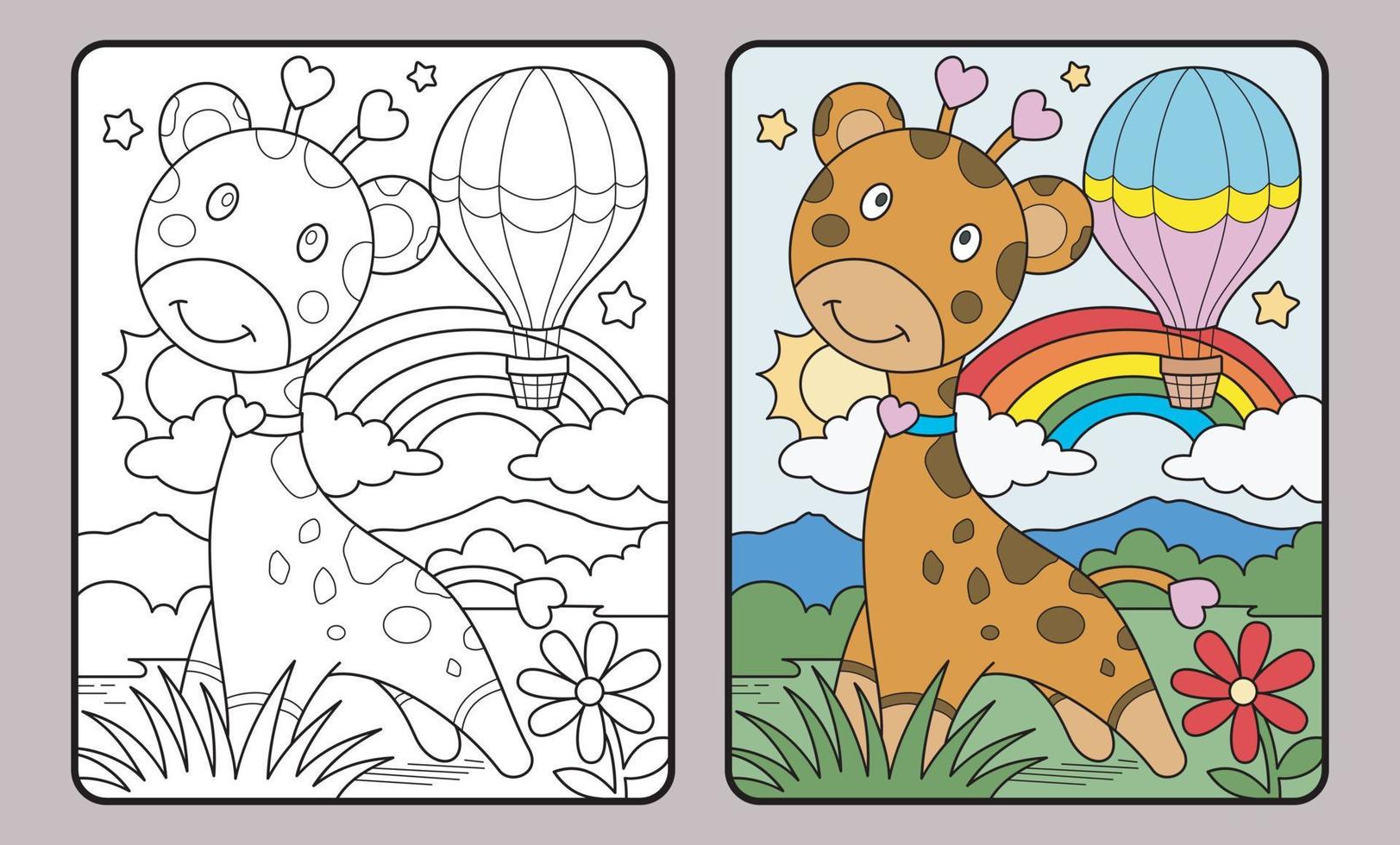 kleurboek van giraffe en heteluchtballon of educatieve pagina voor kinderen en basisschool, vectorillustratie. vector