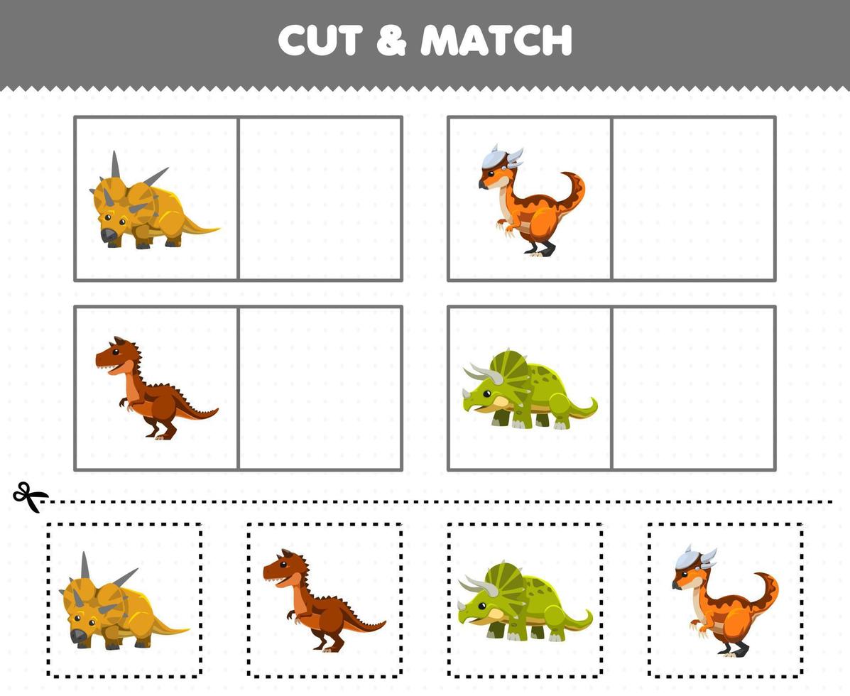 educatief spel voor kinderen snijd en match dezelfde foto van schattige cartoon prehistorische dinosaurus met hoorn vector