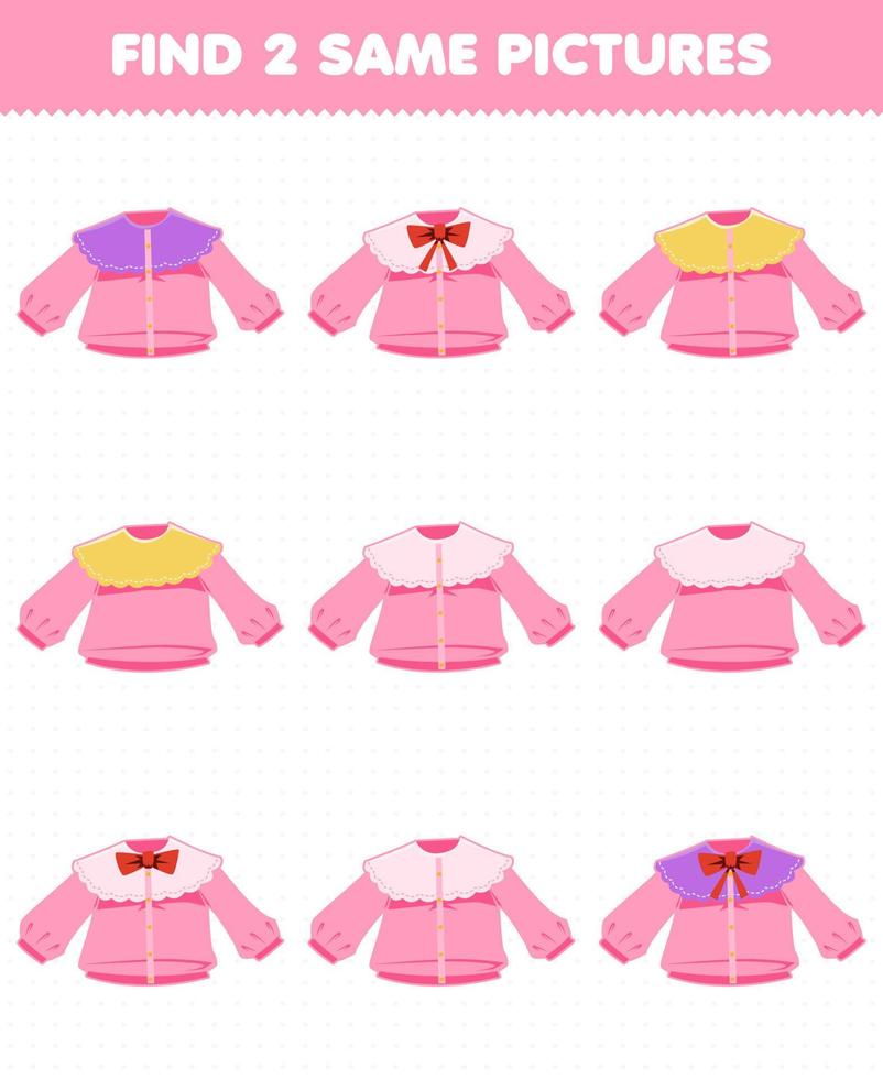 educatief spel voor kinderen vind twee dezelfde foto's cartoon draagbare kleding roze blouse vector