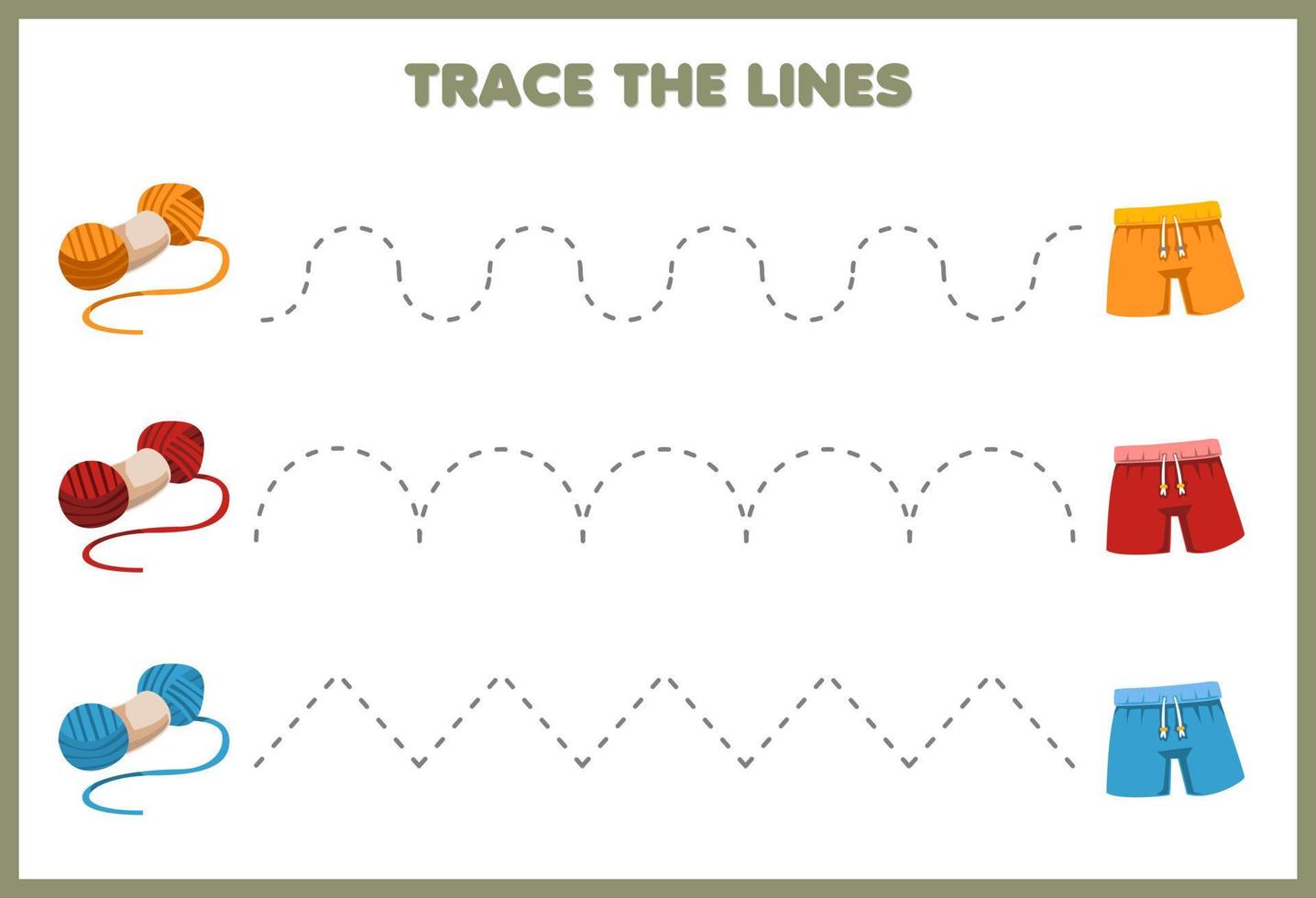 educatief spel voor kinderen handschrift oefenen traceer de lijnen brei draagbare kleding broek vorm garen vector