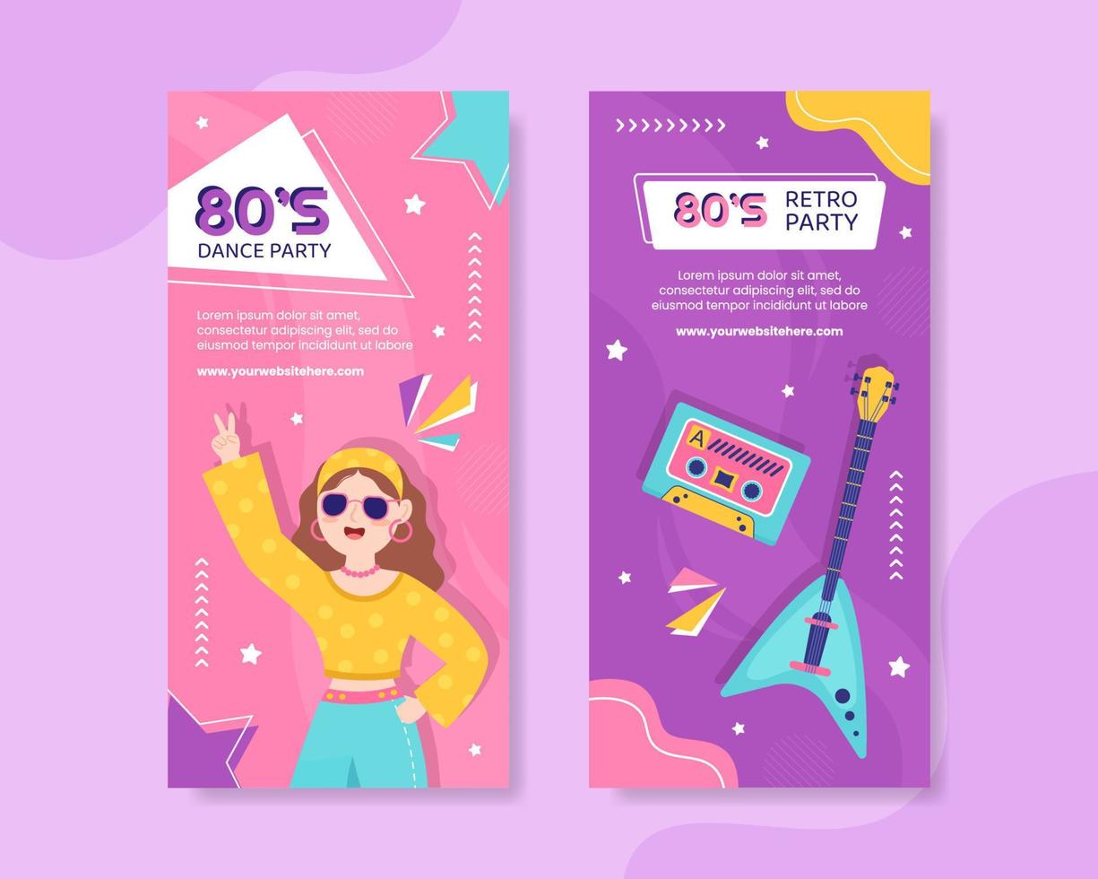 80s partij verticale banner sjabloon platte cartoon achtergrond vectorillustratie vector