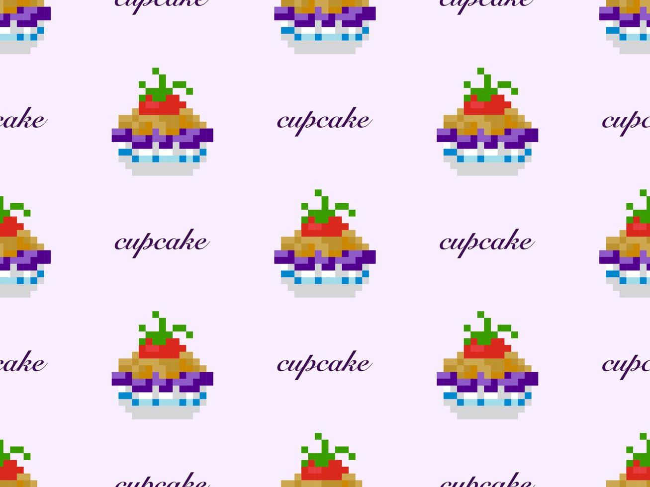 cupcake cartoon karakter naadloze patroon op paarse achtergrond. pixelstijl vector