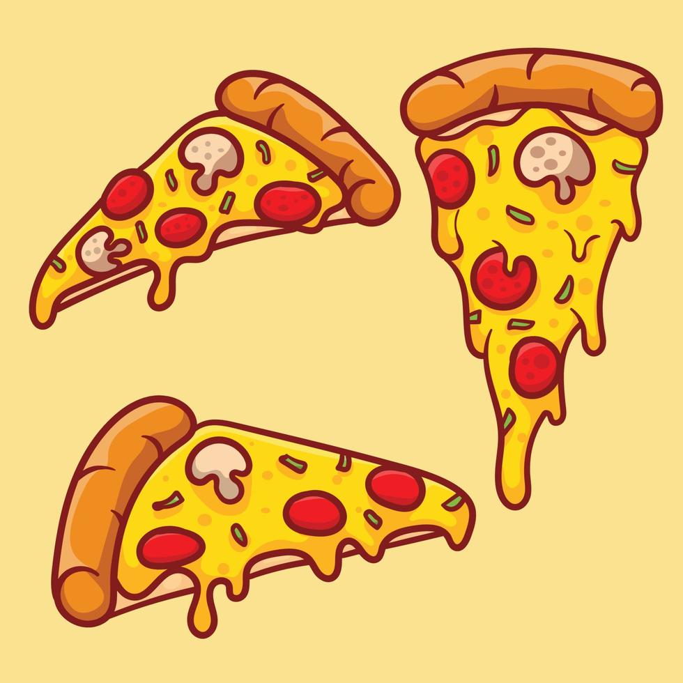 vectorillustratie van heerlijk plakje pepperoni pizza met gesmolten kaas, met de hand getekend, tekenfilm, plat, schattig vector