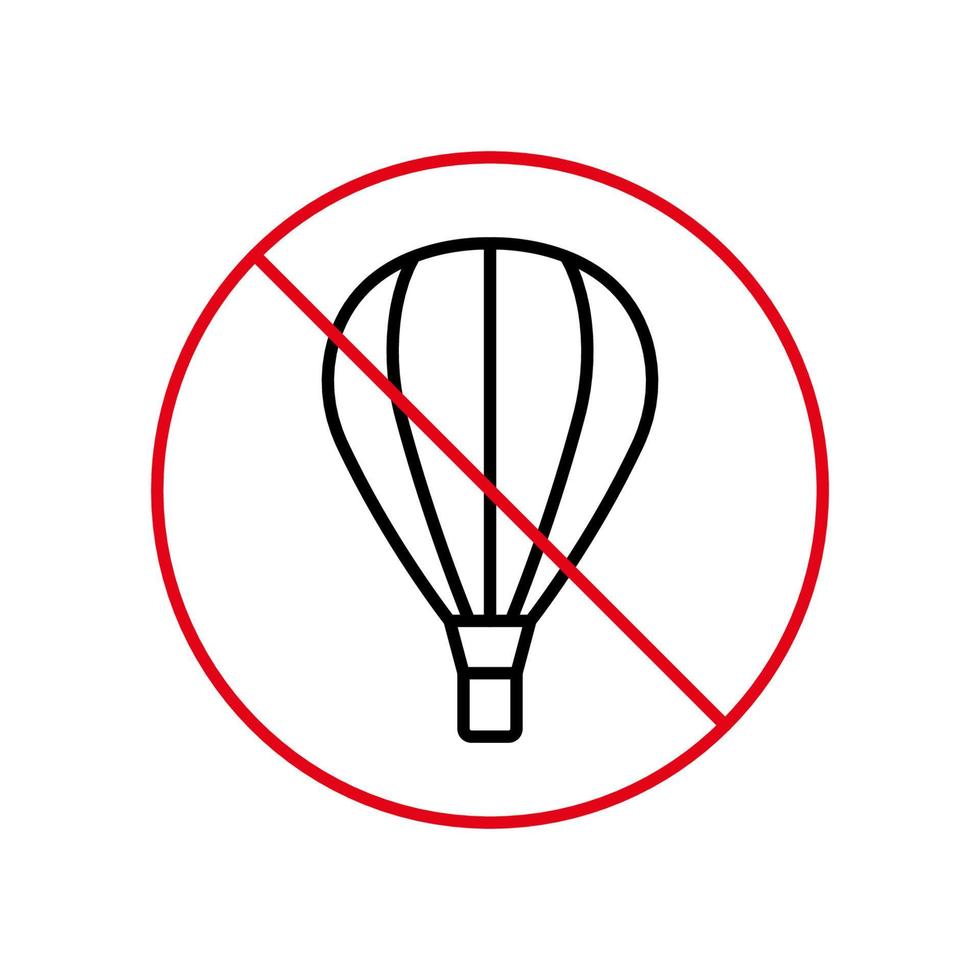 luchtballon mand verbod zwarte lijn pictogram. waarschuwing hete lucht ballon zone verbied overzichtspictogram. voorzichtigheid heteluchtballon verbieden stop cirkel symbool. geen heteluchtballonteken. geïsoleerde vectorillustratie. vector