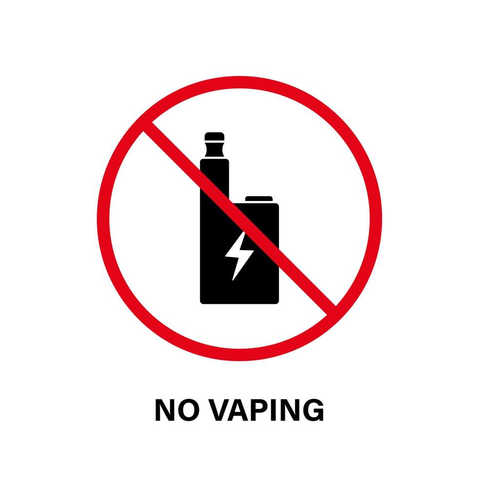 verboden elektronische sigaret zwart silhouet icoon. vapen verboden. stop vaporizer met roken rood stopsymbool. verbod vloeibare vape pictogram. niet vape waarschuwingsbord. geïsoleerde vectorillustratie. vector