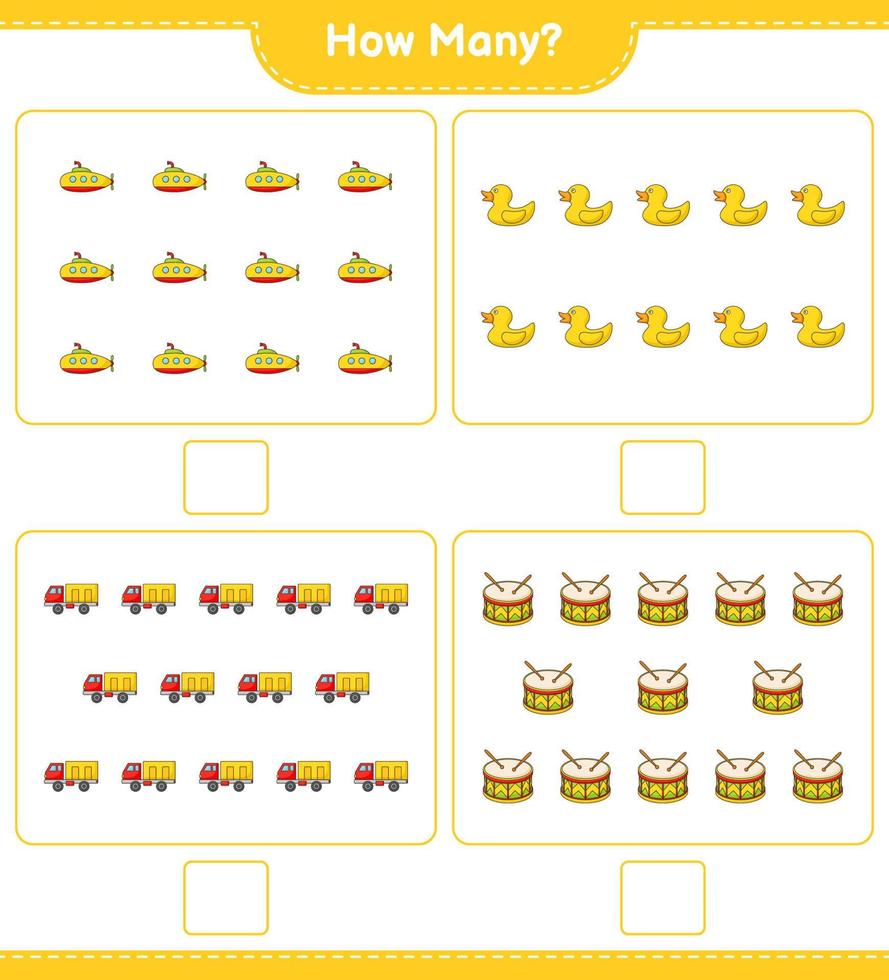 telspel, hoeveel onderzeeër, rubberen eend, vrachtwagen en trommel. educatief kinderspel, afdrukbaar werkblad, vectorillustratie vector