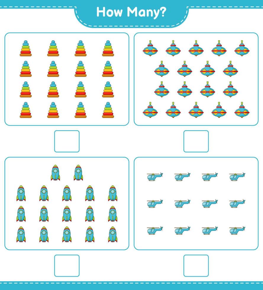 telspel, hoeveel piramidespeelgoed, zweefmolenspeelgoed, raket en helikopter. educatief kinderspel, afdrukbaar werkblad, vectorillustratie vector