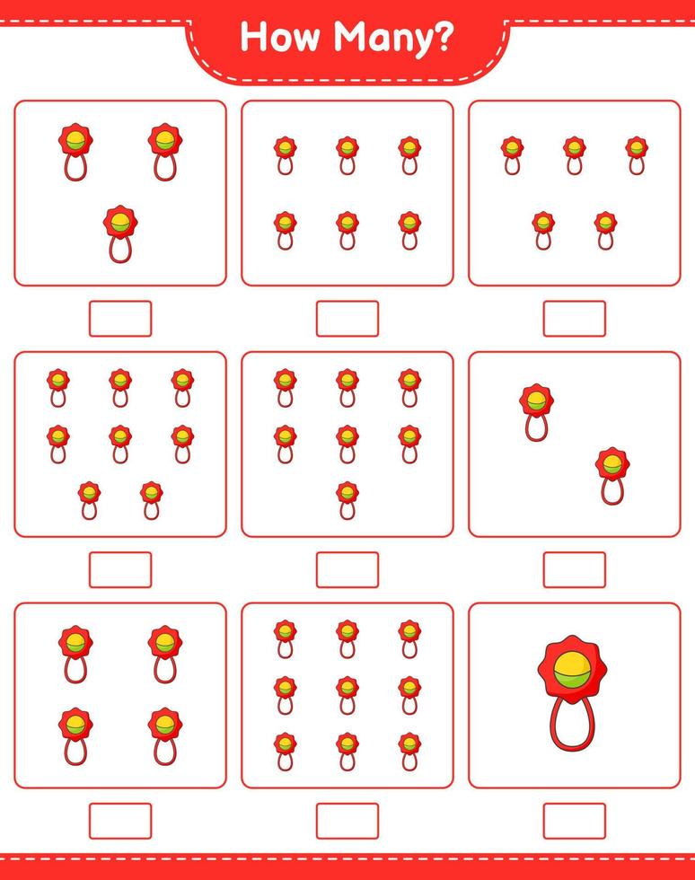 telspel, hoeveel baby rammelaar. educatief kinderspel, afdrukbaar werkblad, vectorillustratie vector