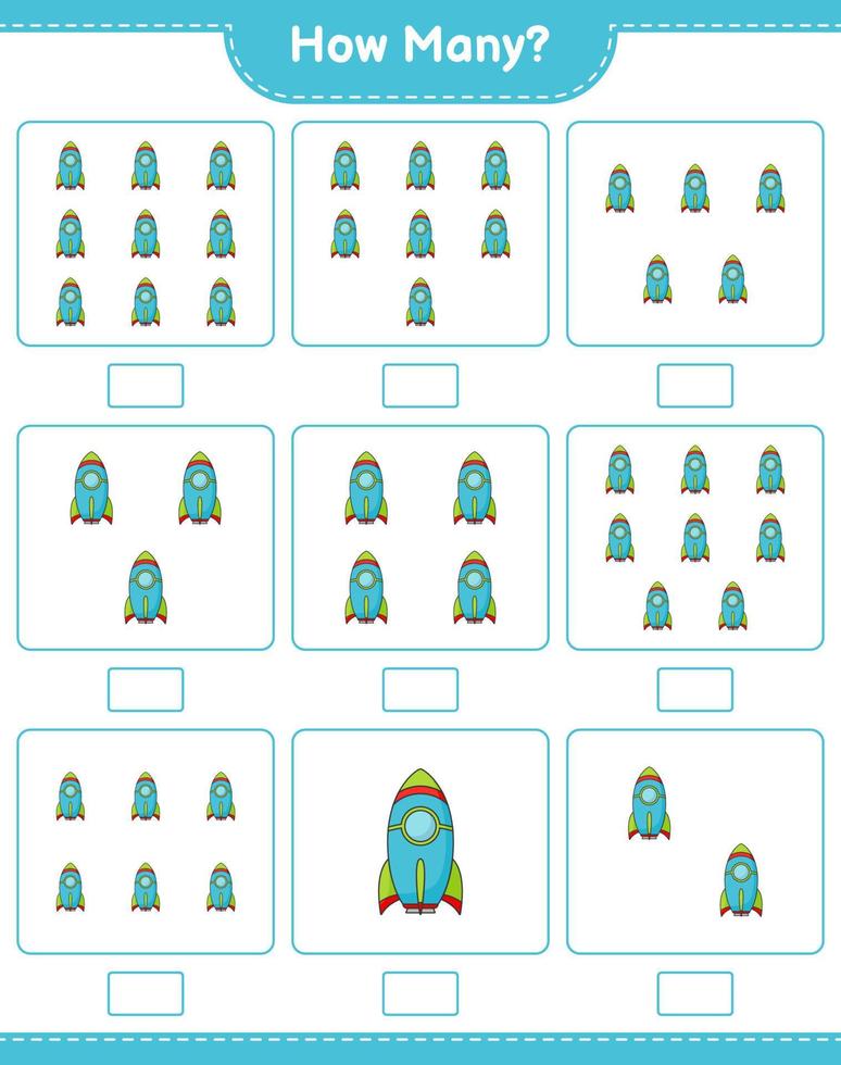 telspel, hoeveel raket. educatief kinderspel, afdrukbaar werkblad, vectorillustratie vector