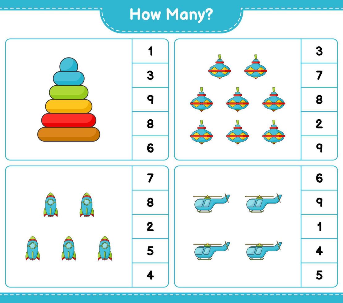 telspel, hoeveel piramidespeelgoed, zweefmolenspeelgoed, raket en helikopter. educatief kinderspel, afdrukbaar werkblad, vectorillustratie vector