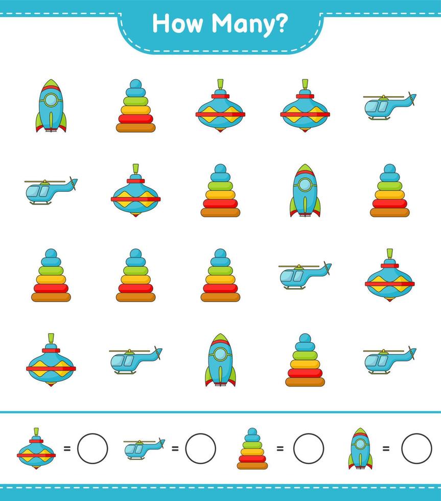 telspel, hoeveel piramidespeelgoed, zweefmolenspeelgoed, raket en helikopter. educatief kinderspel, afdrukbaar werkblad, vectorillustratie vector