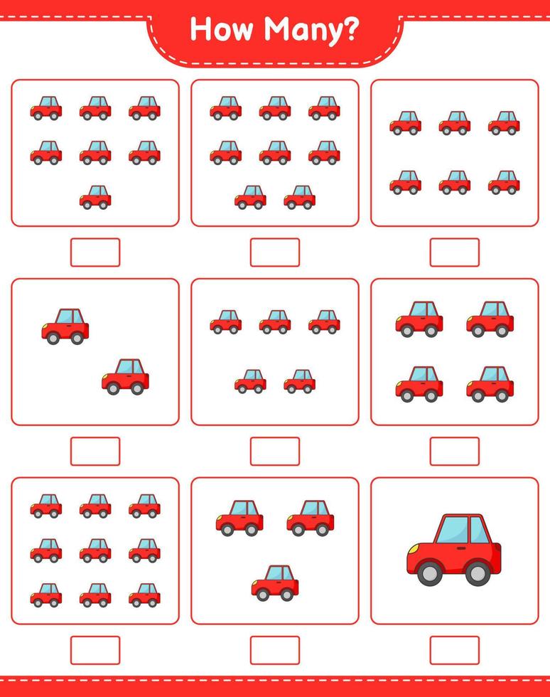 telspel, hoeveel auto. educatief kinderspel, afdrukbaar werkblad, vectorillustratie vector