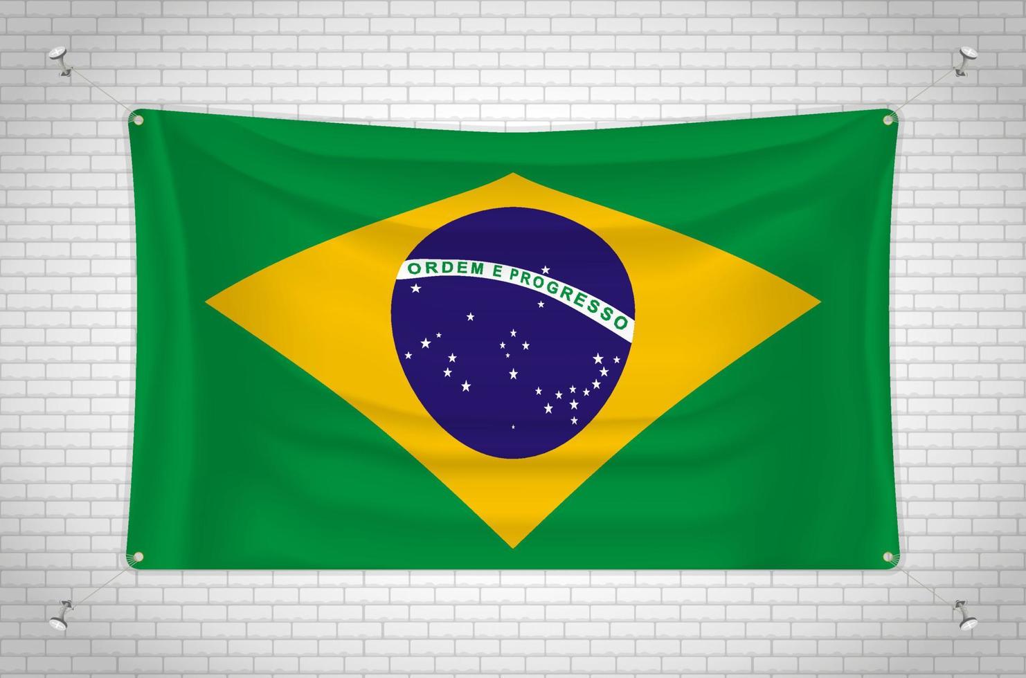 vlag van brazilië opknoping op bakstenen muur. 3D-tekening. vlag aan de muur. netjes in groepen tekenen op afzonderlijke lagen voor eenvoudige bewerking. vector