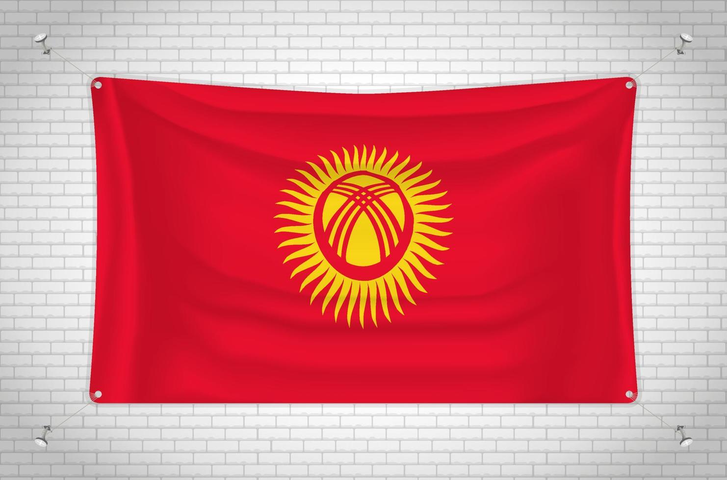 Kirgizië vlag hangend aan bakstenen muur. 3D-tekening. vlag aan de muur. netjes in groepen tekenen op afzonderlijke lagen voor eenvoudige bewerking. vector
