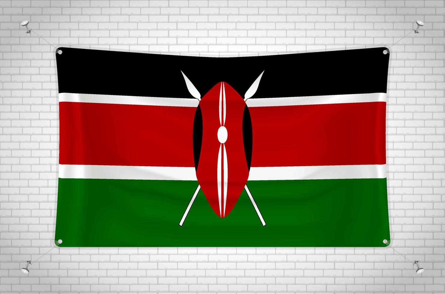 Kenia vlag opknoping op bakstenen muur. 3D-tekening. vlag aan de muur. netjes in groepen tekenen op afzonderlijke lagen voor eenvoudige bewerking. vector