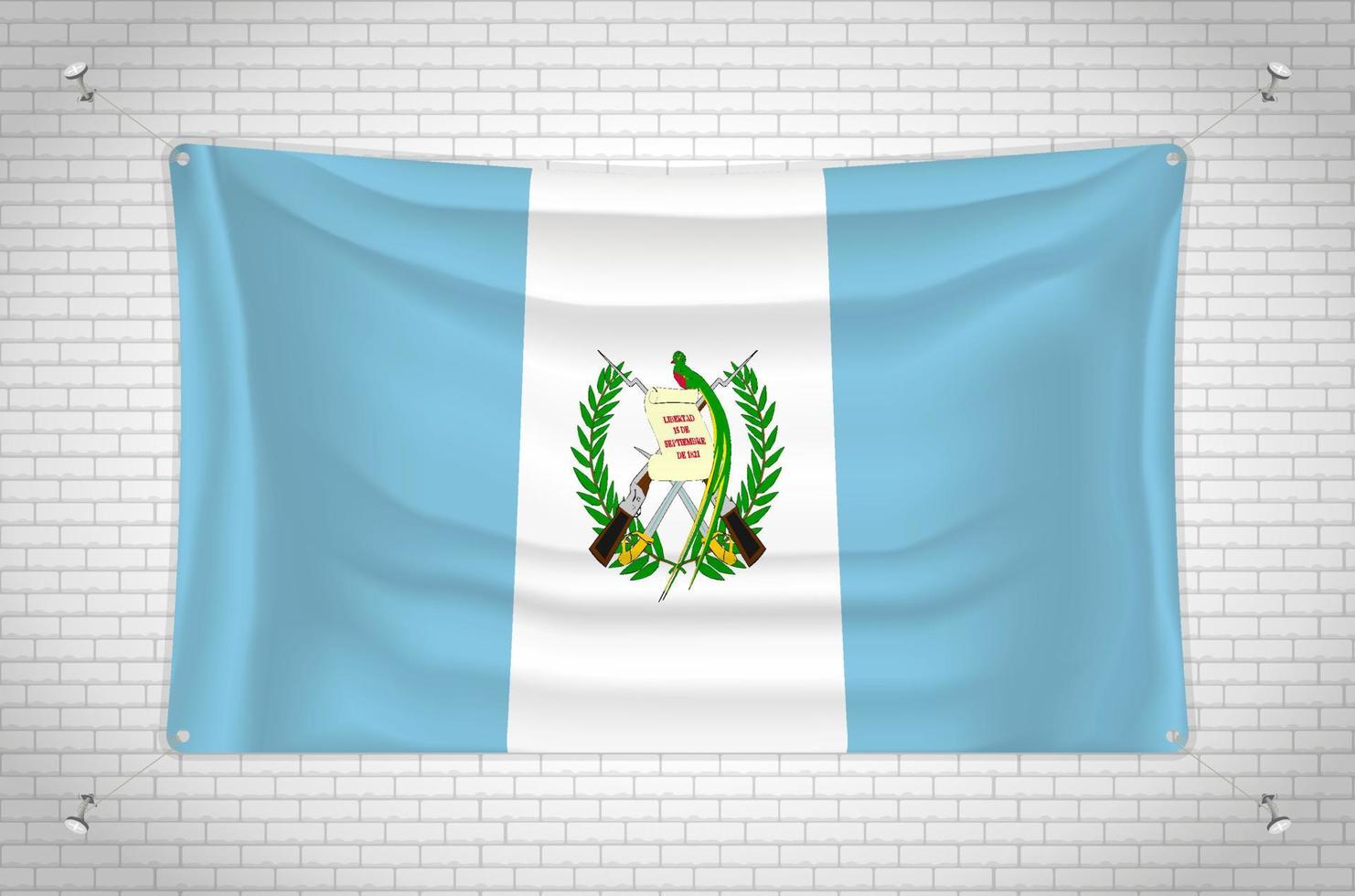 Guatemalteekse vlag opknoping op bakstenen muur. 3D-tekening. vlag aan de muur. netjes in groepen tekenen op afzonderlijke lagen voor eenvoudige bewerking. vector