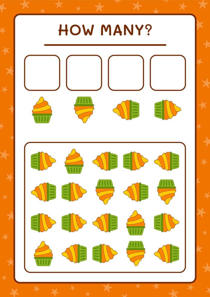 hoeveel cup cake, spel voor kinderen. vectorillustratie, afdrukbaar werkblad vector