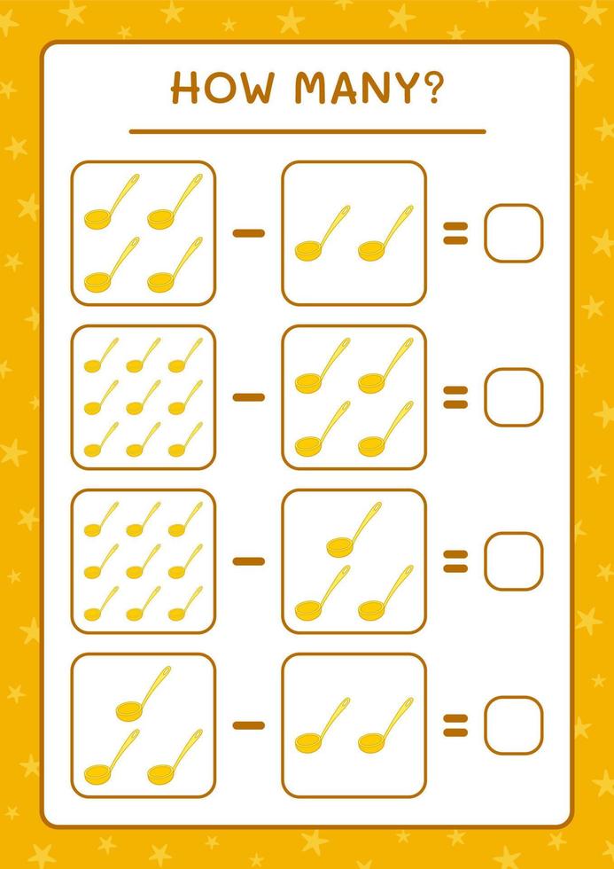 hoeveel pollepel, spel voor kinderen. vectorillustratie, afdrukbaar werkblad vector