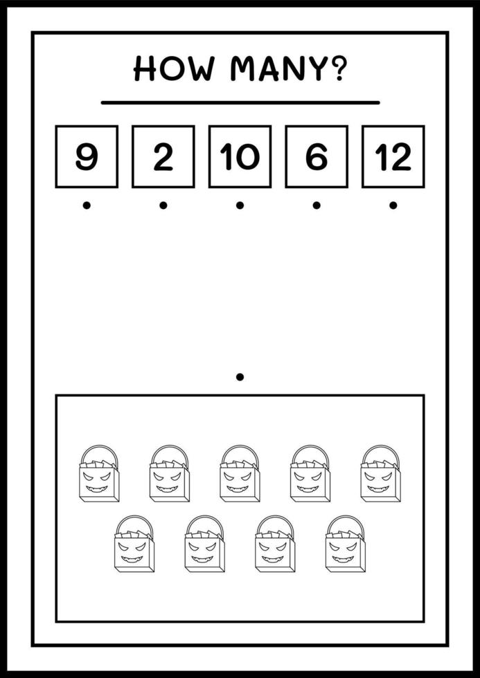 hoeveel cadeauzakje, spel voor kinderen. vectorillustratie, afdrukbaar werkblad vector