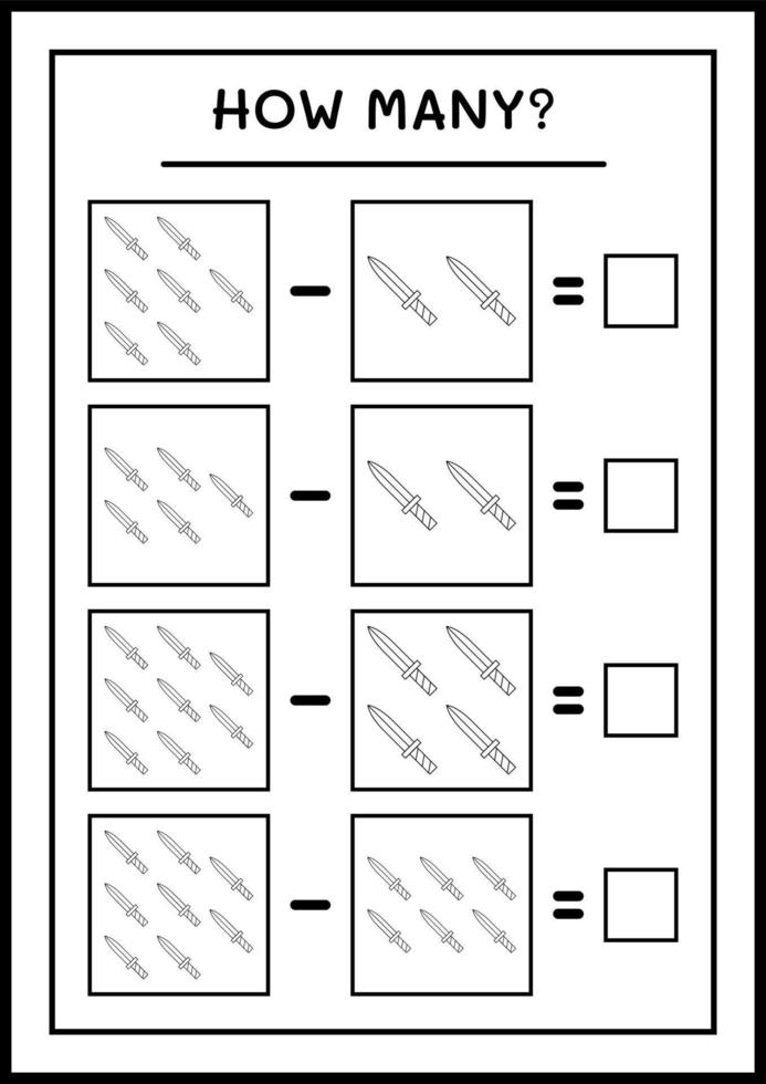 hoeveel zwaard, spel voor kinderen. vectorillustratie, afdrukbaar werkblad vector