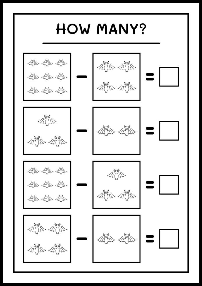 hoeveel vleermuis, spel voor kinderen. vectorillustratie, afdrukbaar werkblad vector