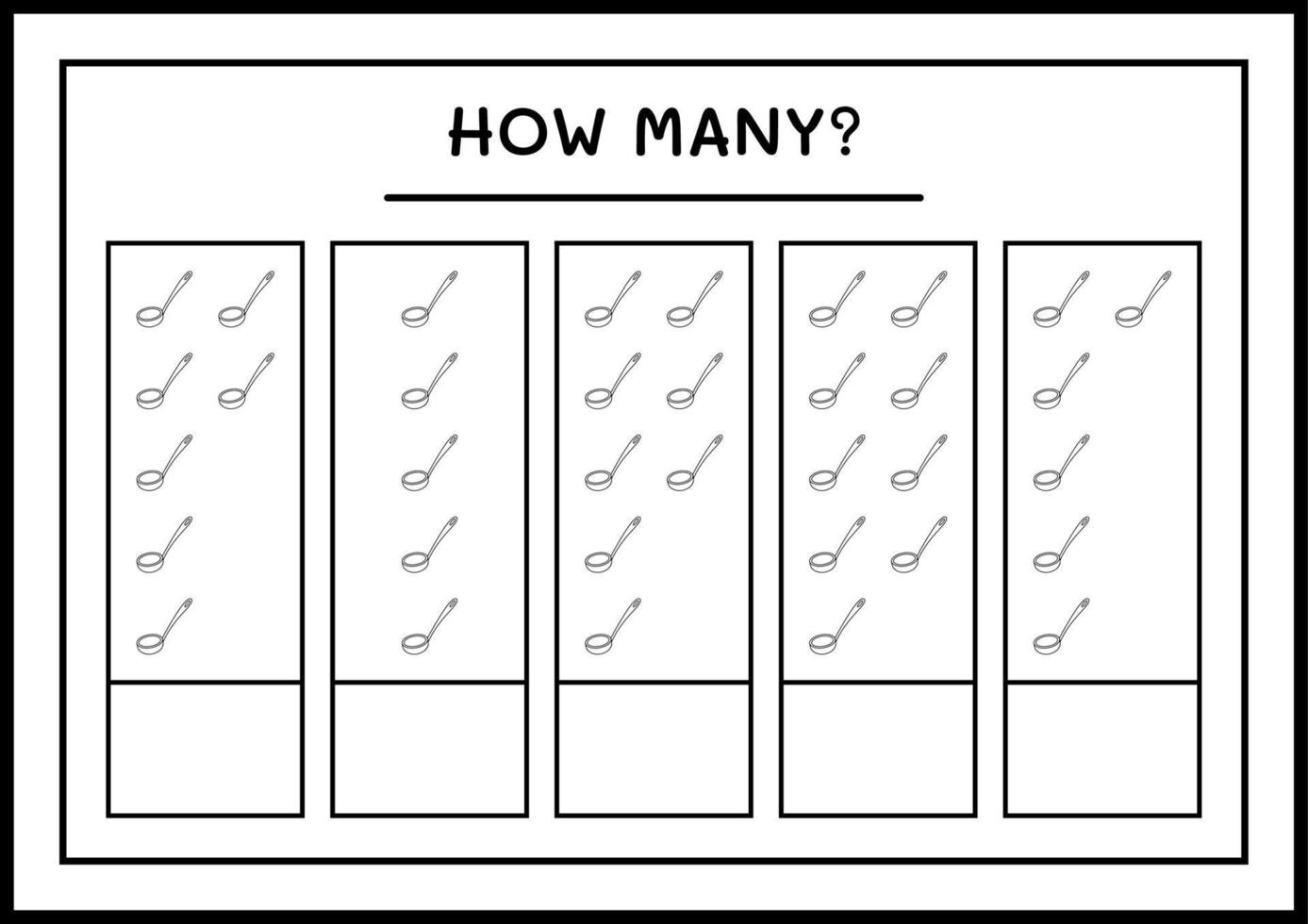 hoeveel pollepel, spel voor kinderen. vectorillustratie, afdrukbaar werkblad vector