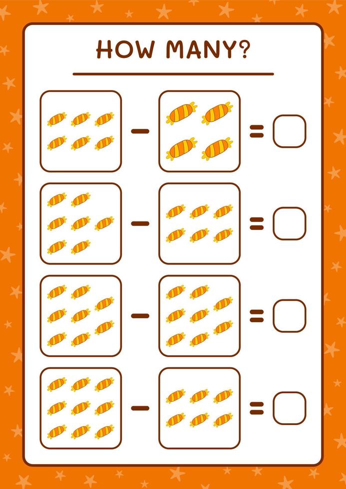 hoeveel snoep, spel voor kinderen. vectorillustratie, afdrukbaar werkblad vector