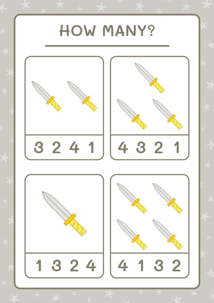 hoeveel zwaard, spel voor kinderen. vectorillustratie, afdrukbaar werkblad vector