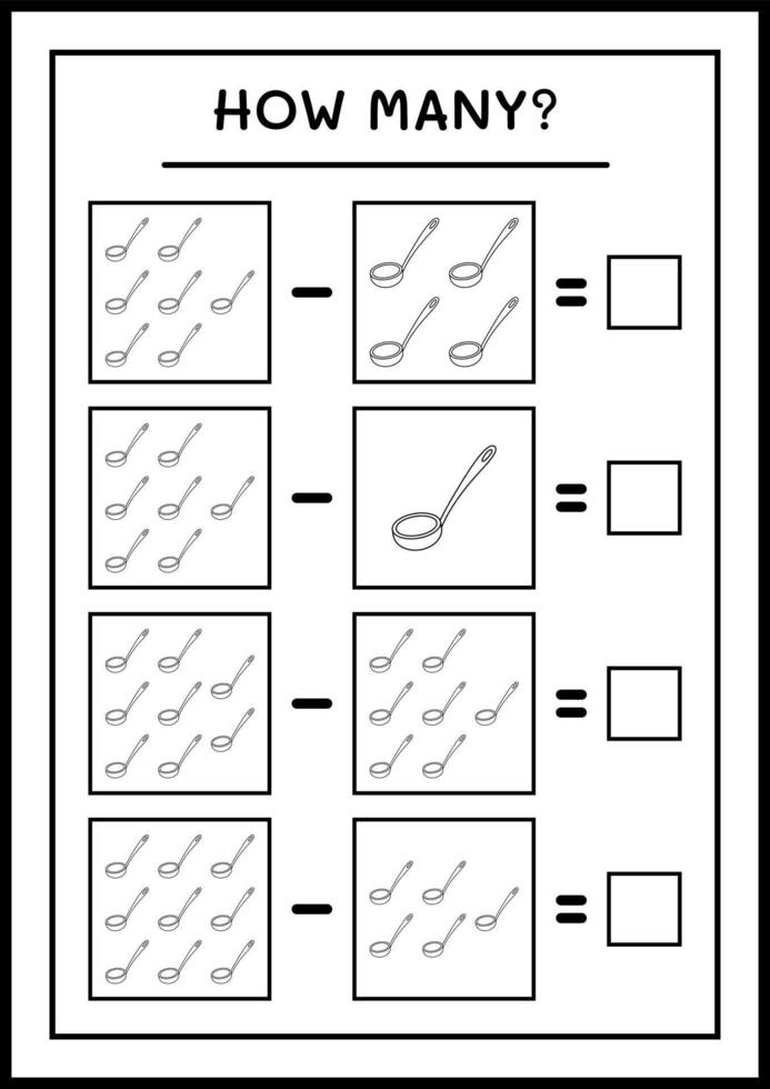 hoeveel pollepel, spel voor kinderen. vectorillustratie, afdrukbaar werkblad vector