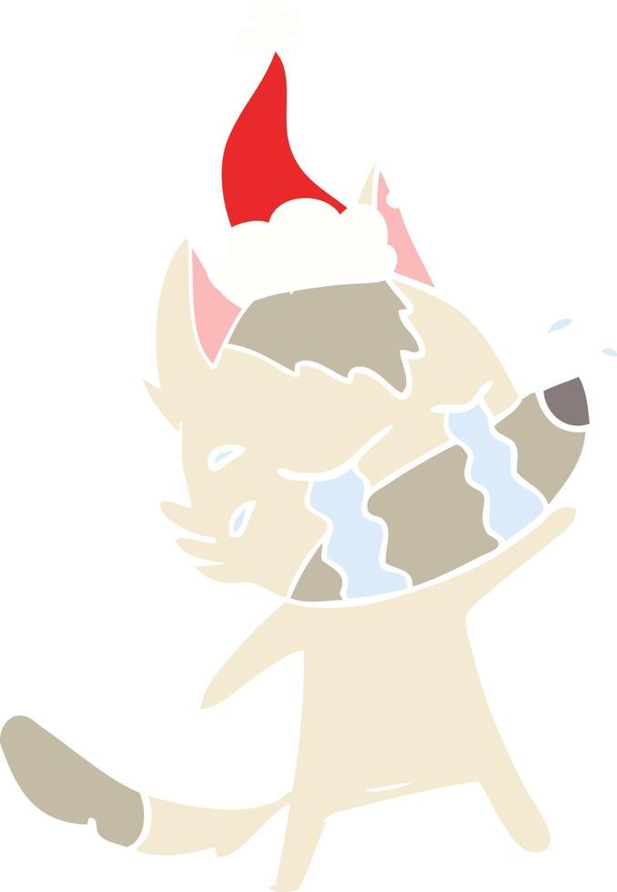 egale kleurenillustratie van een huilende wolf die een kerstmuts draagt vector