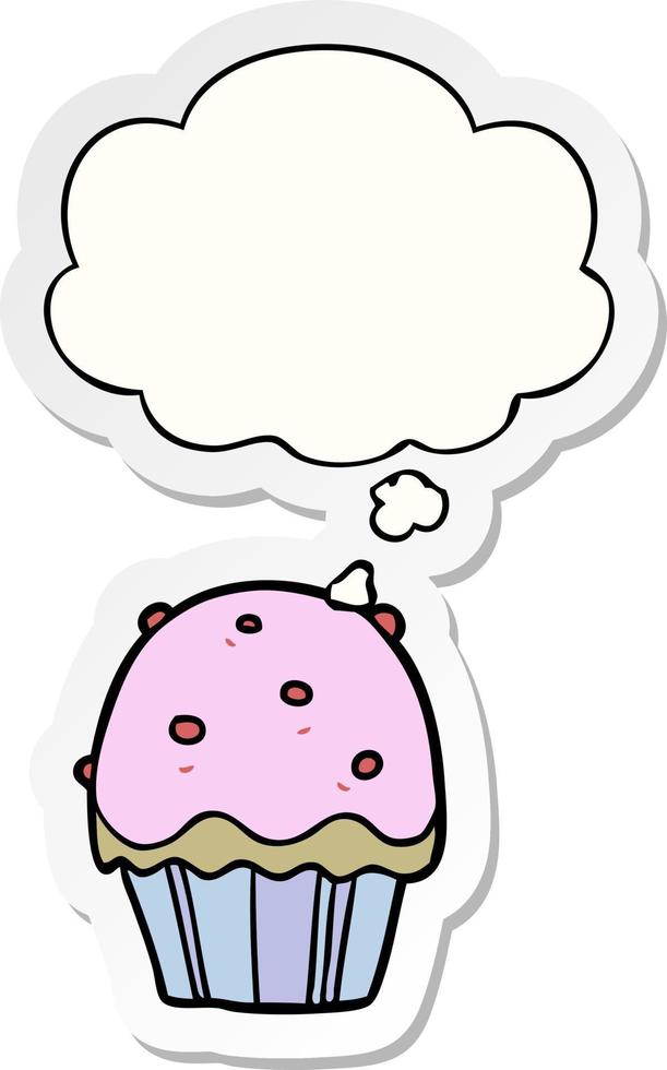 cartoon cupcake en gedachte bel als een gedrukte sticker vector