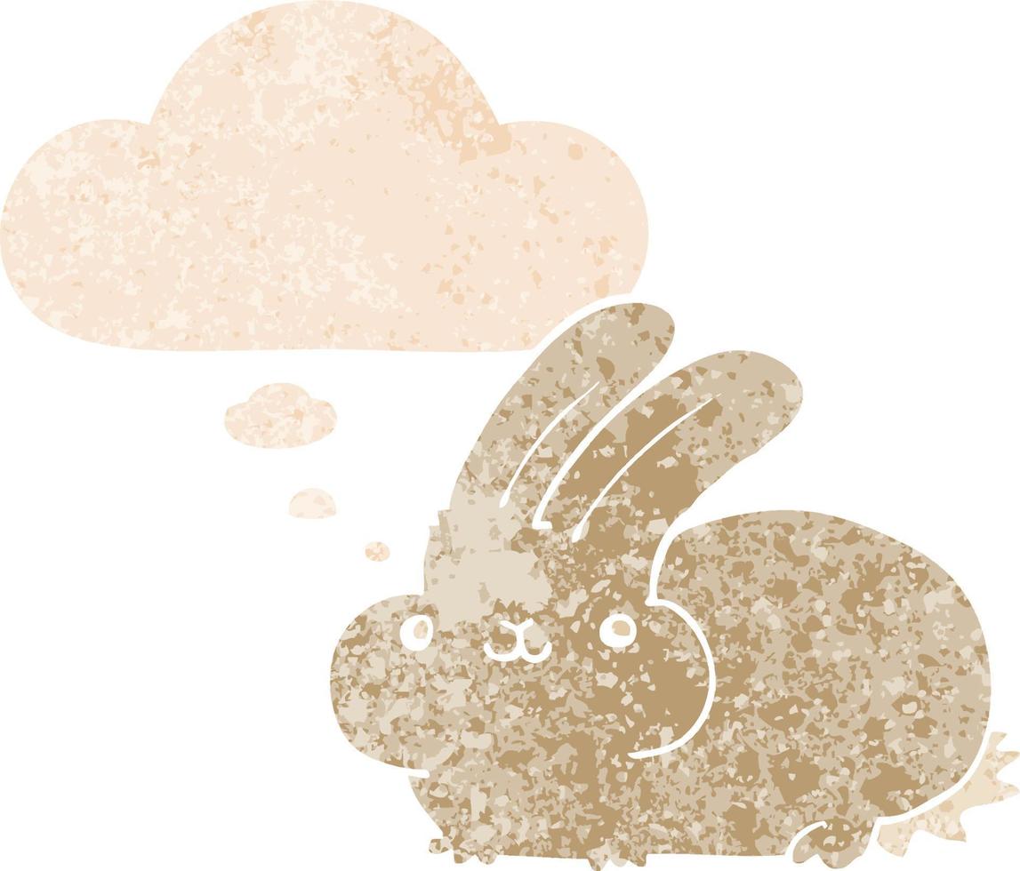 cartoon konijn en gedachte bel in retro getextureerde stijl vector