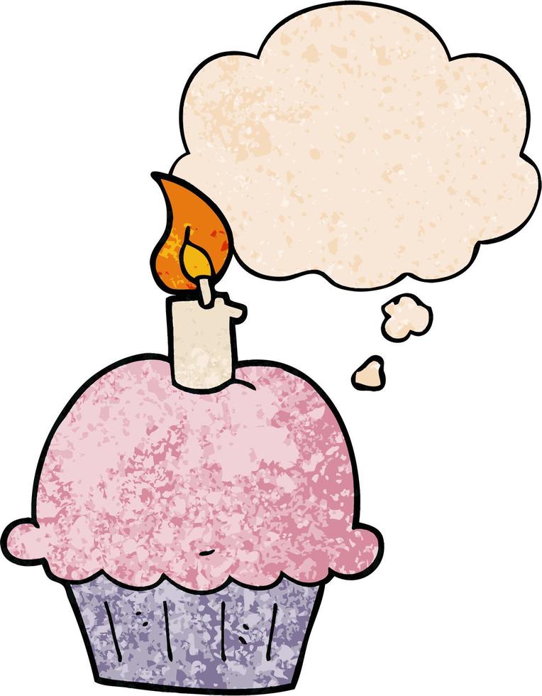 cartoon verjaardag cupcake en gedachte bel in de stijl van het textuurpatroon van de grunge vector