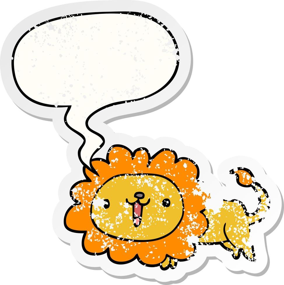 schattige cartoon leeuw en tekstballon verontruste sticker vector