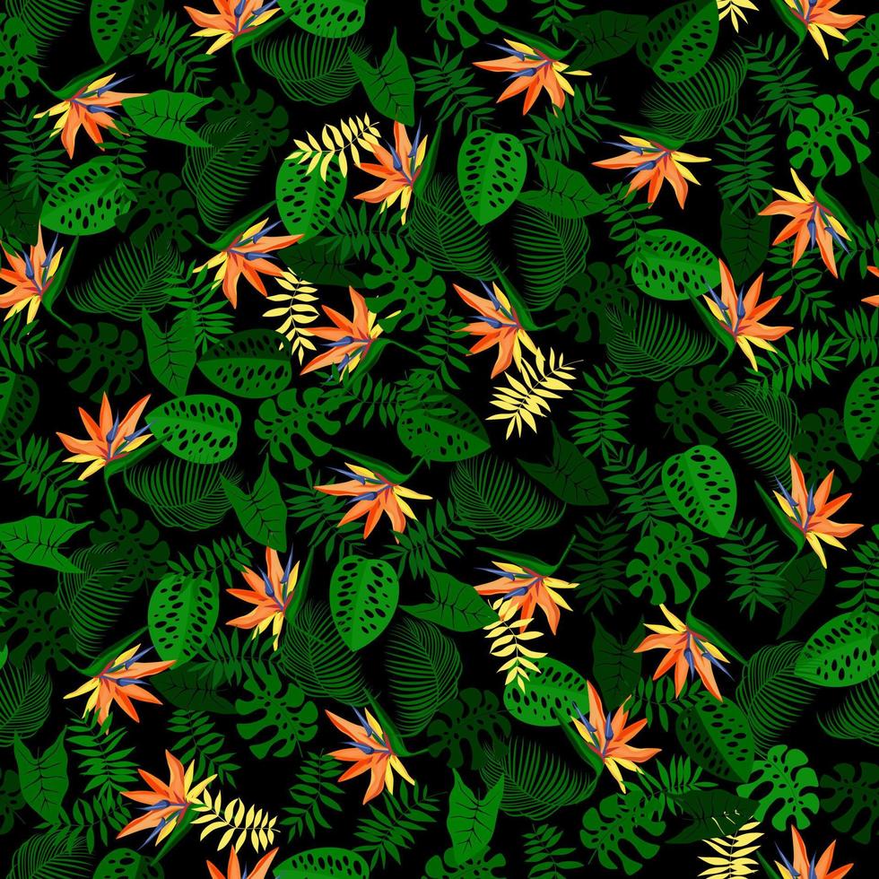 naadloos patroon met heldere tropische bloemen strelitzia en bladeren. hand getrokken, vector, felle kleuren. achtergrond voor prints, stof, wallpapers, inpakpapier. vector